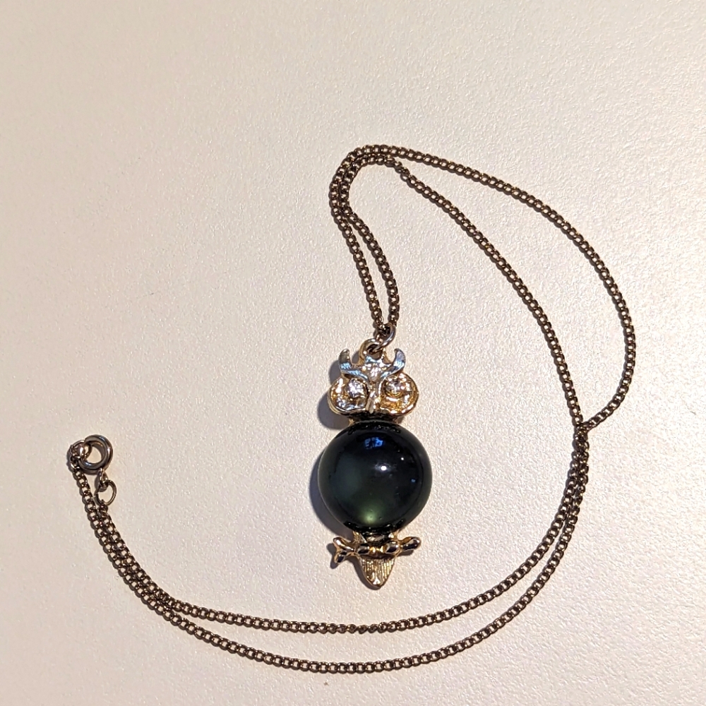 Vintage Jelly Belly Owl with Clear Rhinestone Eyes Pendant Necklace